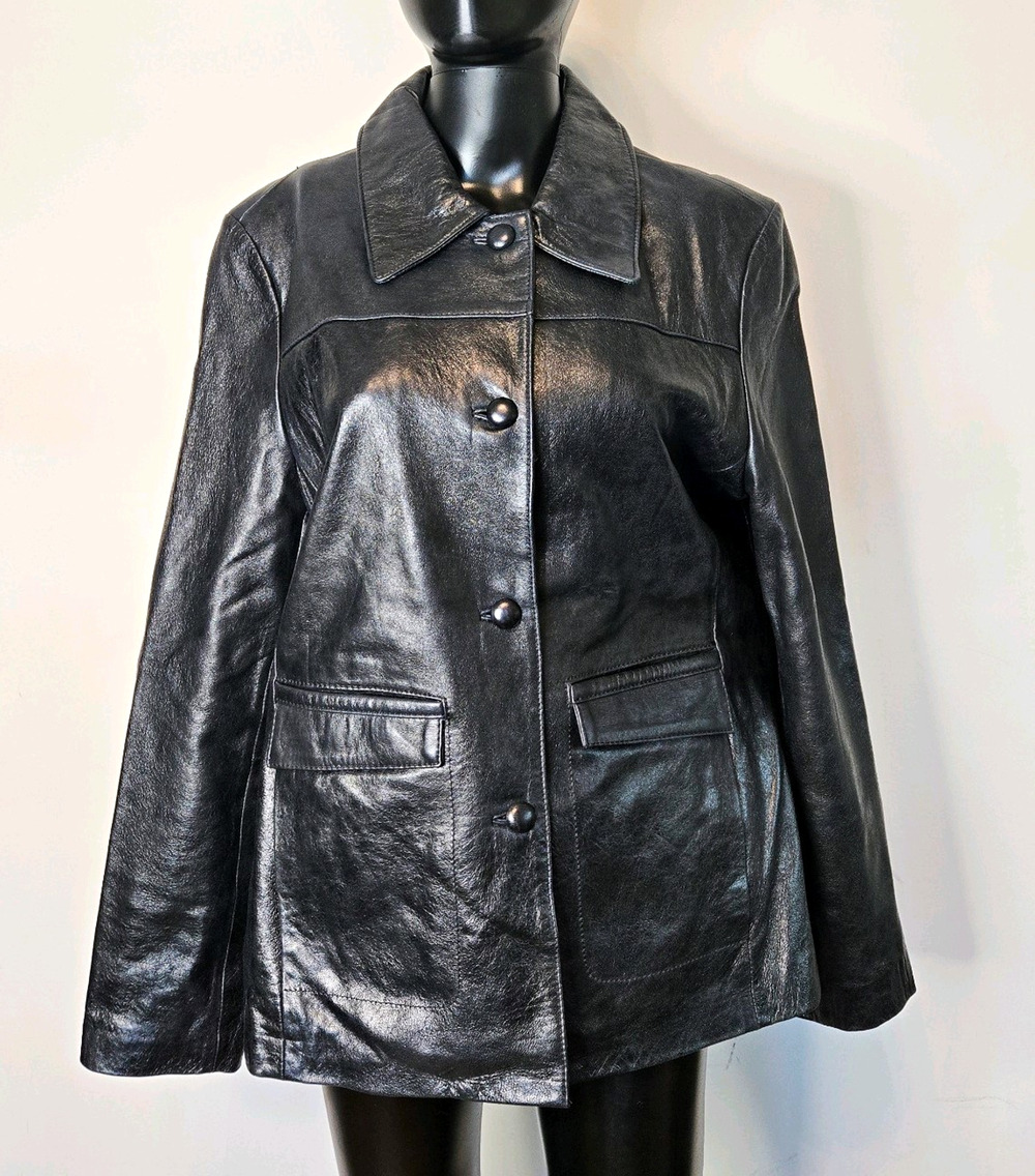 Vintage Y2K Pasha & Jo Black Leather Mid Length Blazer Jacket Moto Coat XL